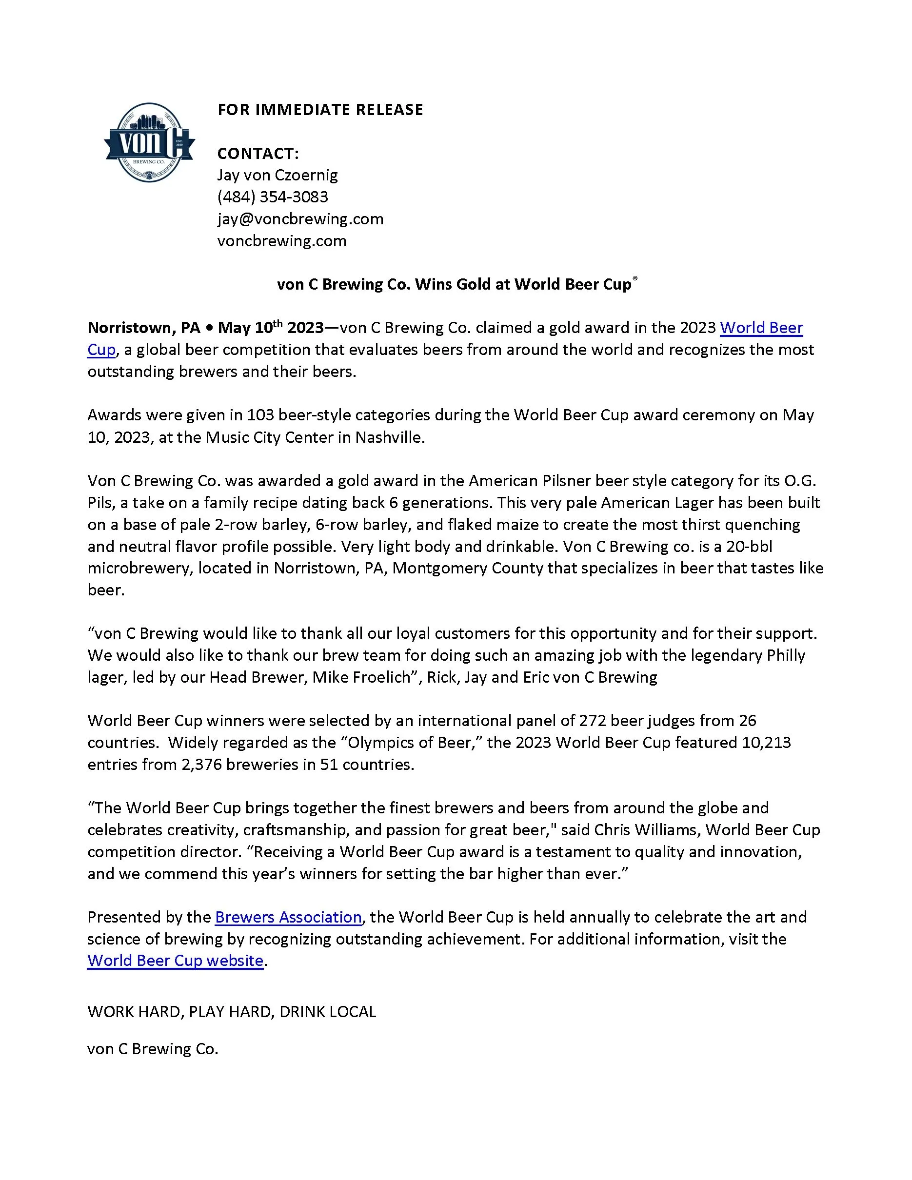Brewers Association press release announcing the 2023 World Beer Cup® Gold medal winners — von C Brewing Co. of Norristown PA listed in the American-Style Pilsener category for O.G. Pils, the official notification document on file at the brewery