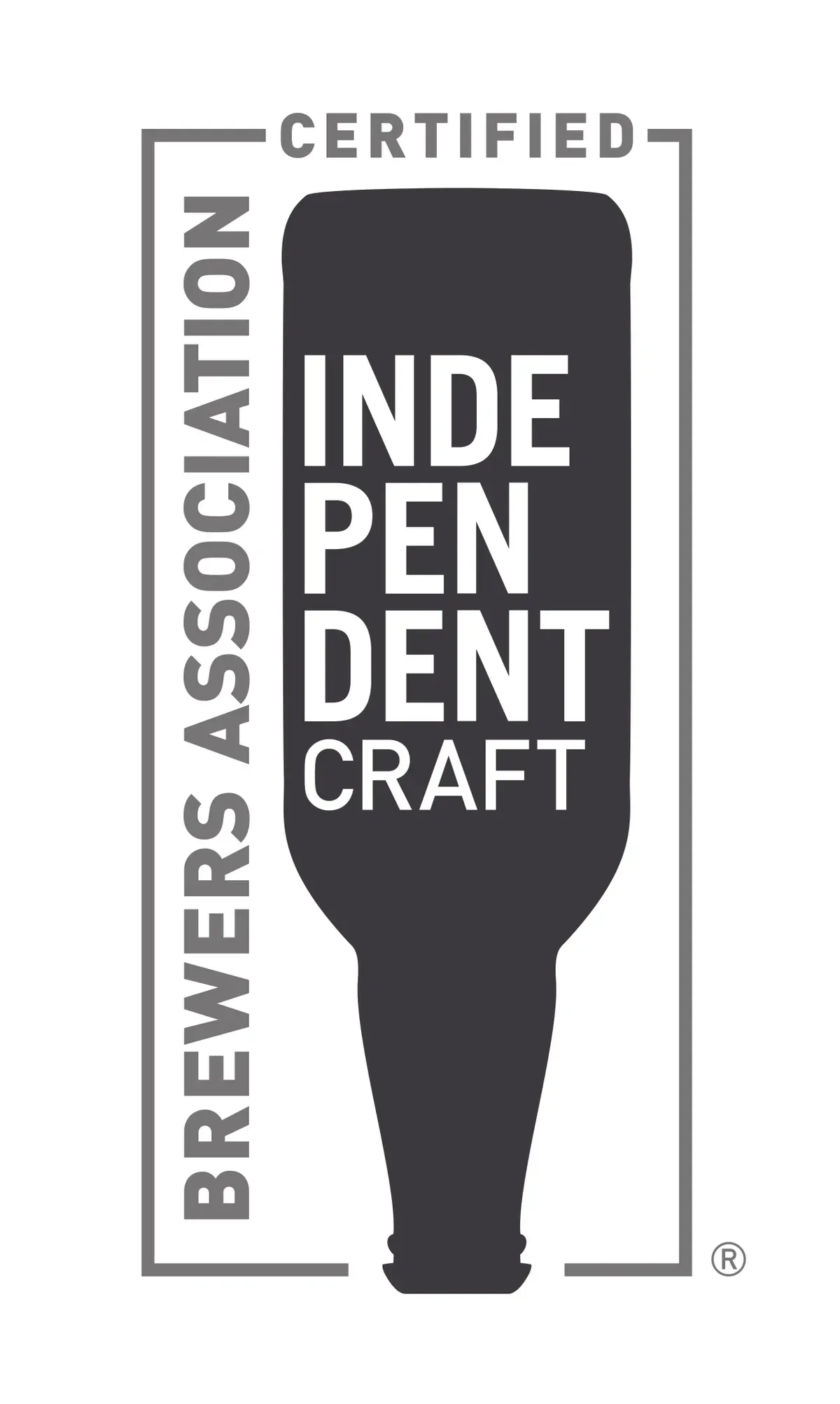 Brewers Association CERTIFIED INDEPENDENT CRAFT seal — black upside-down bottle silhouette with vertical 'BREWERS ASSOCIATION' text on the left and 'CERTIFIED INDEPENDENT CRAFT' inside the bottle; the seal that distinguishes craft brewers from macro-brewery-owned operations