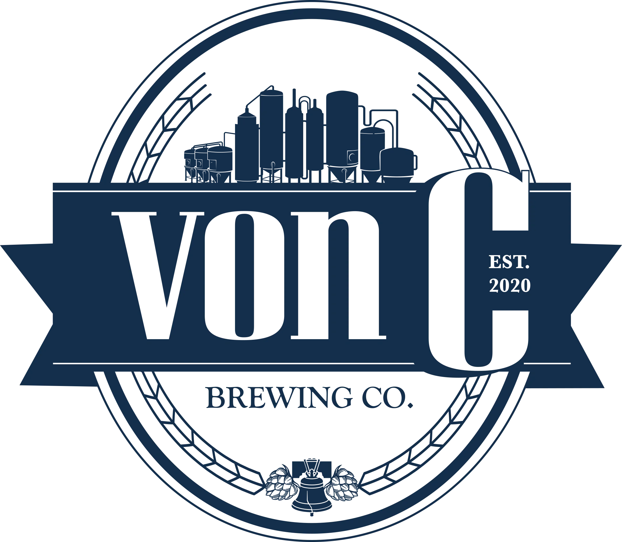 von C Brewing Co. badge — navy banner with Philadelphia skyline silhouette and beer mug