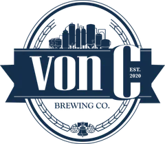von C Brewing Co. — Philly skyline badge logo, navy banner with hop wreath and beer mug, est. 2020