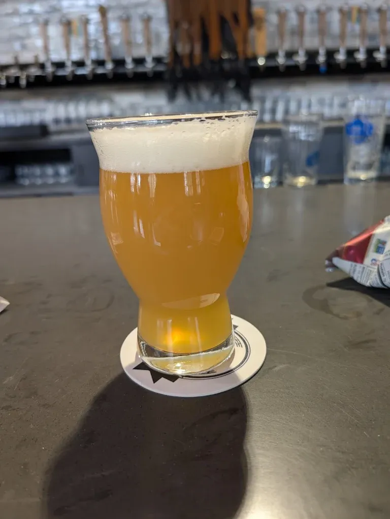 Hazy NEIPA in a tulip glass on the bar at von C Brewing Co. in Norristown PA — out-of-focus brass tap row visible behind, the live draft list mounted above