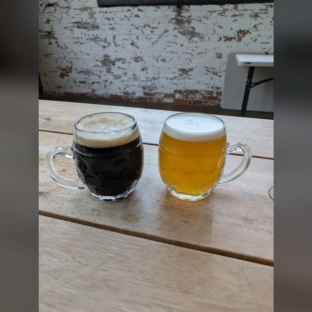 Two Czech-style dimpled mugs side by side on a wooden table at von C Brewing Norristown — one pale-gold Czech pilsner and one dark Czech lager — showcasing the brewery's full Czech program