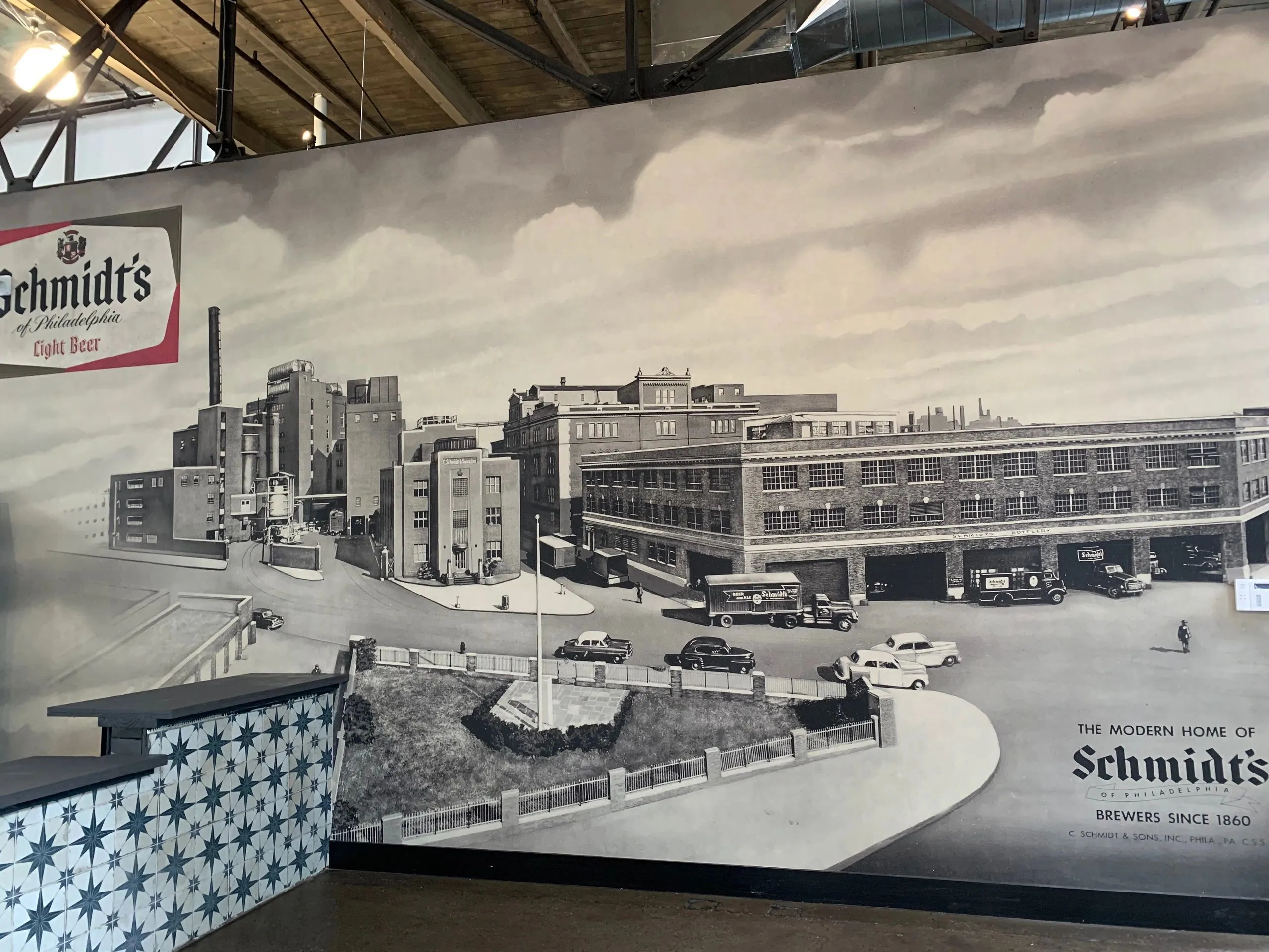 Wall-sized Schmidt's of Philadelphia heritage mural — Brewers Since 1860 — inside the von C Brewing Co. taproom